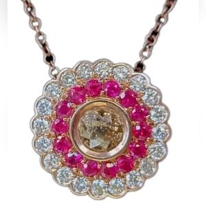 Crown Of Light Diamond Ruby Necklace Pendant 14k Rose Gold-Estate Jewelry